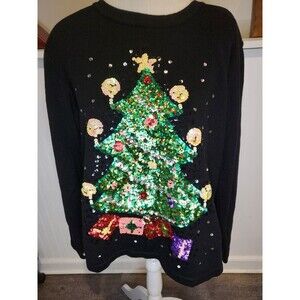 Quacker Factory Womens Black Knit Top Sequin Christmas Tree Large‎
